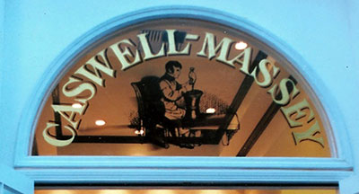 Caswell-Massey - Etched glass, gold leaf reverse letters with silkscreen logo.