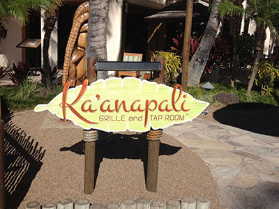Ka'anapali Grille and Tap Room - Sand carved redwood ground sign with double-post mount. Acrylic enamel paint.