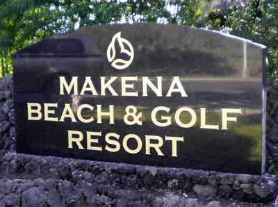 Makena Beach and Golf Resort - Sand carved granite etched with gold leaf. Mounted on custom lava rock base.