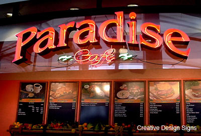 Paradise Cafe - Open face channel letters with neon, mounted on pelxiglass.