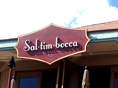Sal-tim-bocca - Hand painted, cut-out HDU letters, stud mounted onto MDO plywood.